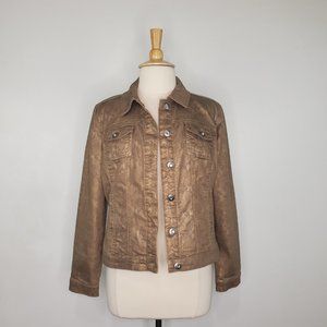 Dressbarn Brown Gold Snakeskin Print Stretchy Bling Buttons Jean Style Jacket M